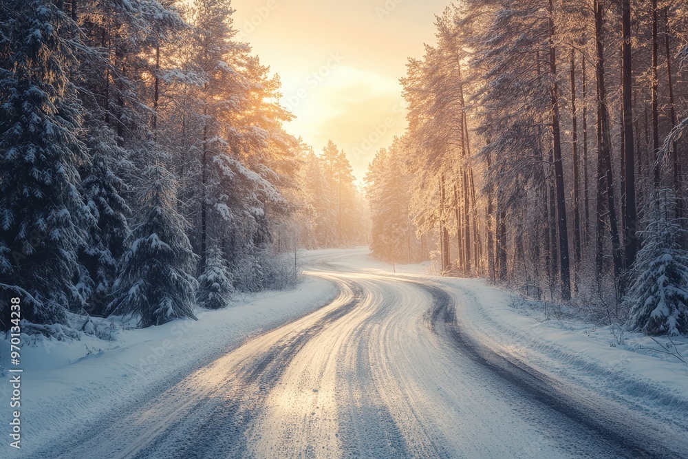 Remote country road in snow covered pine forest at sunset with dramatic twilight sky dangerous off road driving requiring winter tires Remote country road in snow covered pine forest at sunset with dramatic twilight sky dangerous off road driving requiring winter tires