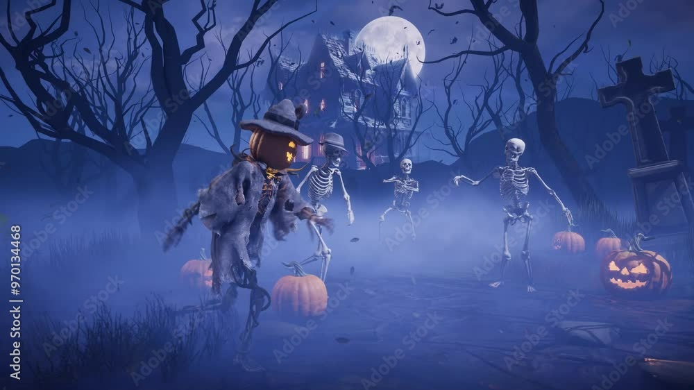 Halloween party: spooky skeleton with pumpkin head dances in the moonlight in misty ancient graveyard. 3D animated background for greeting cards, invitations, posters, events, parties