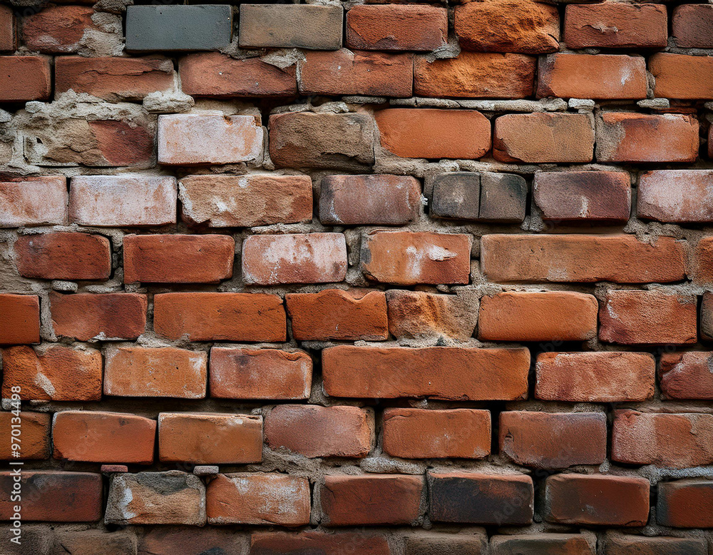 Fototapeta premium A close-up of a weathered brick wall, with cracks, chips, and uneven mortar. The texture fee