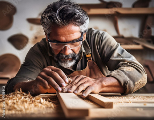 A close-up of a skilled carpenter, focused while working with wood, hands covered in sawdust