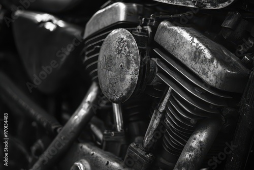 Repairing and maintaining vintage motorcycle engine parts with a black and white background and harsh lighting photo