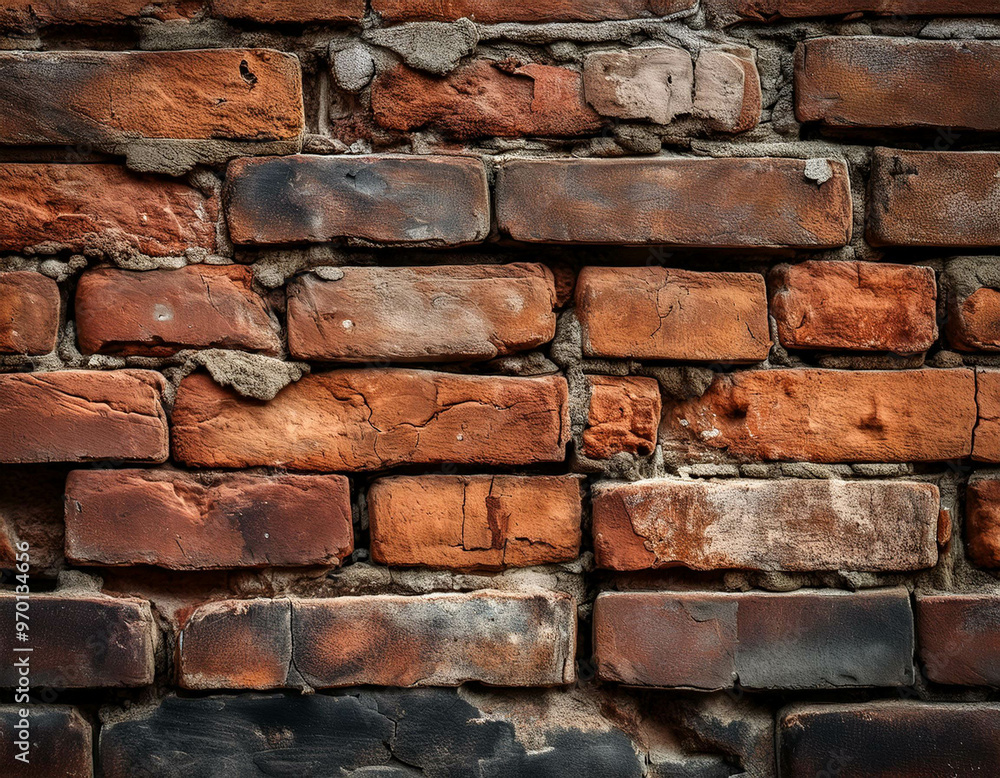 A close-up of a weathered brick wall, with cracks, chips, and uneven mortar. The texture fee A close-up of a weathered brick wall, with cracks, chips, and uneven mortar. The texture fee