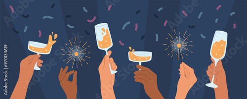 Hands different skin colors hold glasses of champagne, wine and sparklers. People on New Year and Christmas party. Vector flat illustration for celebrating holiday.