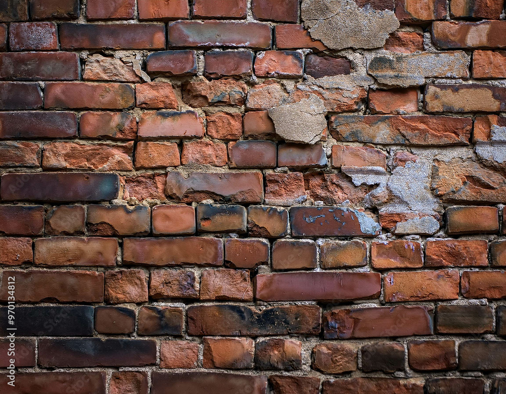 Obraz premium A close-up of a weathered brick wall, with cracks, chips, and uneven mortar. The texture fee