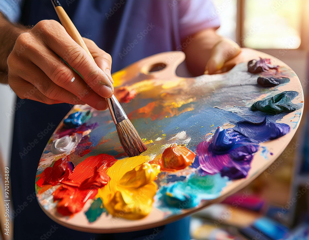 A close-up of an artist's paint palette with dabs of vibrant colors, brushes, and a partiall A close-up of an artist's paint palette with dabs of vibrant colors, brushes, and a partiall