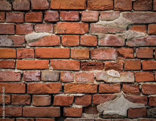 A close-up of a weathered brick wall, with cracks, chips, and uneven mortar. The texture fee