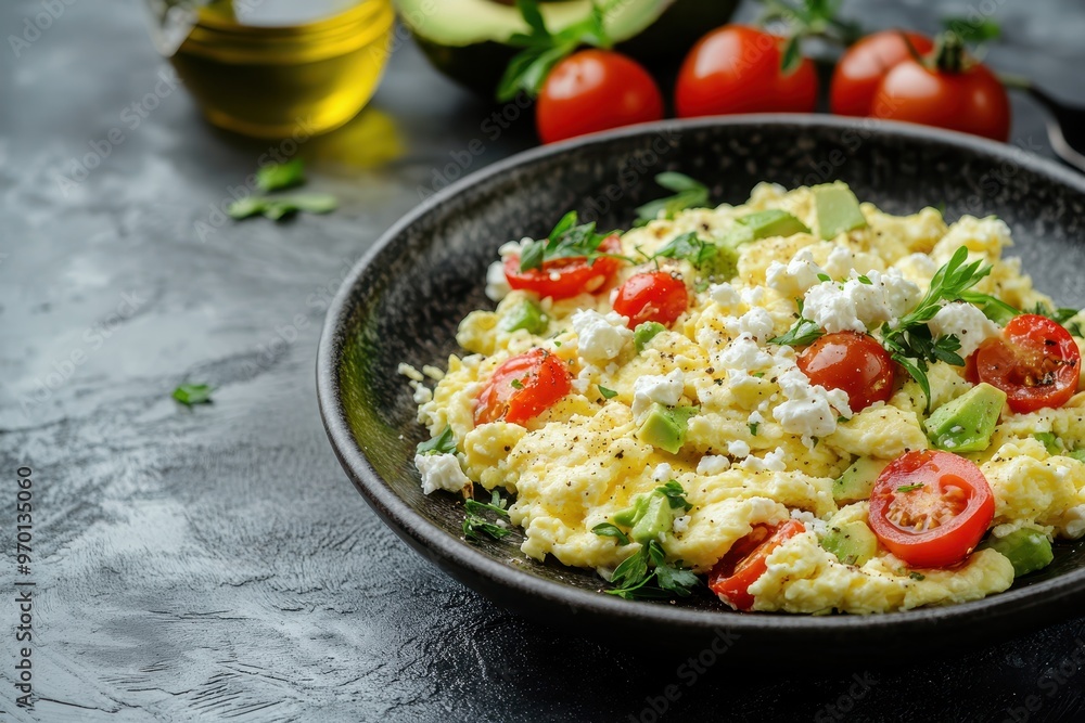 Selective focus on scrambled eggs with cherry tomatoes avocado feta cheese and olive oil Text space available Selective focus on scrambled eggs with cherry tomatoes avocado feta cheese and olive oil Text space available