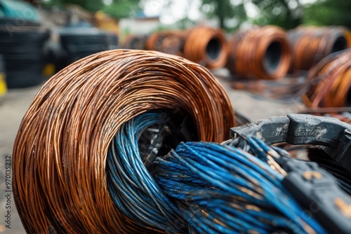 Separate waste collection of old copper and PVC electrical cables for material recycling at the recycling center