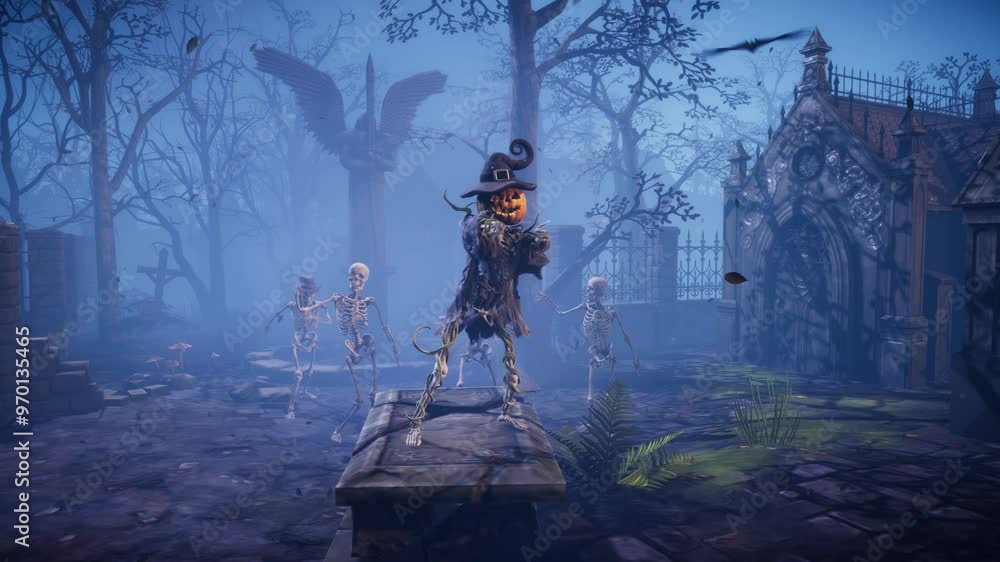 Halloween party: spooky skeleton with pumpkin head dances in the moonlight in misty ancient graveyard. 3D animated background for greeting cards, invitations, posters, events, parties Halloween party: spooky skeleton with pumpkin head dances in the moonlight in misty ancient graveyard. 3D animated background for greeting cards, invitations, posters, events, parties