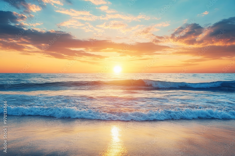A vibrant and colorful sunset over ocean waves, casting a mesmerizing array of colors in the sky, and reflecting beautifully on the water, evoking a sense of wonder. A vibrant and colorful sunset over ocean waves, casting a mesmerizing array of colors in the sky, and reflecting beautifully on the water, evoking a sense of wonder.