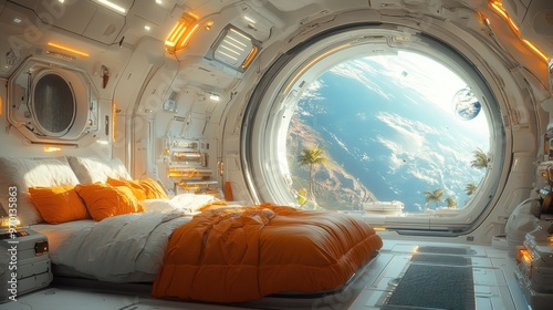 Futuristic Spaceship Bedroom with Earth View photo