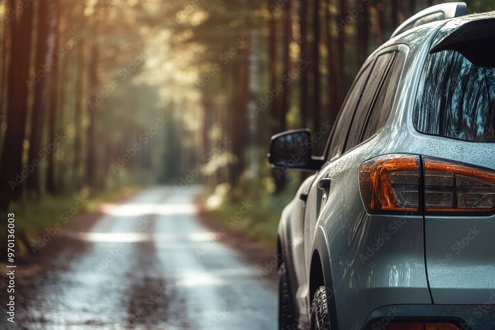 Fototapeta premium Silver SUV driving on forest road with blurred green forest and big road in background Side mirror focus Road trip holidays
