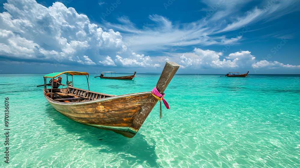 Longtail boat anchored in crystal clear turquoise water with blue sky and white clouds. Longtail boat anchored in crystal clear turquoise water with blue sky and white clouds.