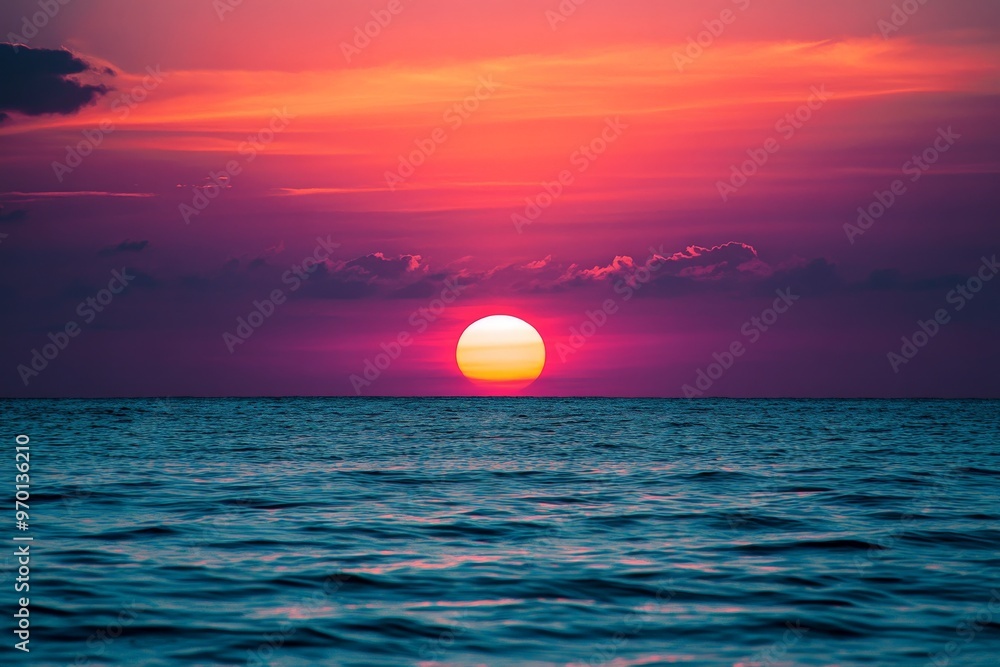 A mesmerizing sunset over the ocean with the sun dipped halfway into the sea, radiating an array of vibrant colors from orange to purple through the sky and water. A mesmerizing sunset over the ocean with the sun dipped halfway into the sea, radiating an array of vibrant colors from orange to purple through the sky and water.