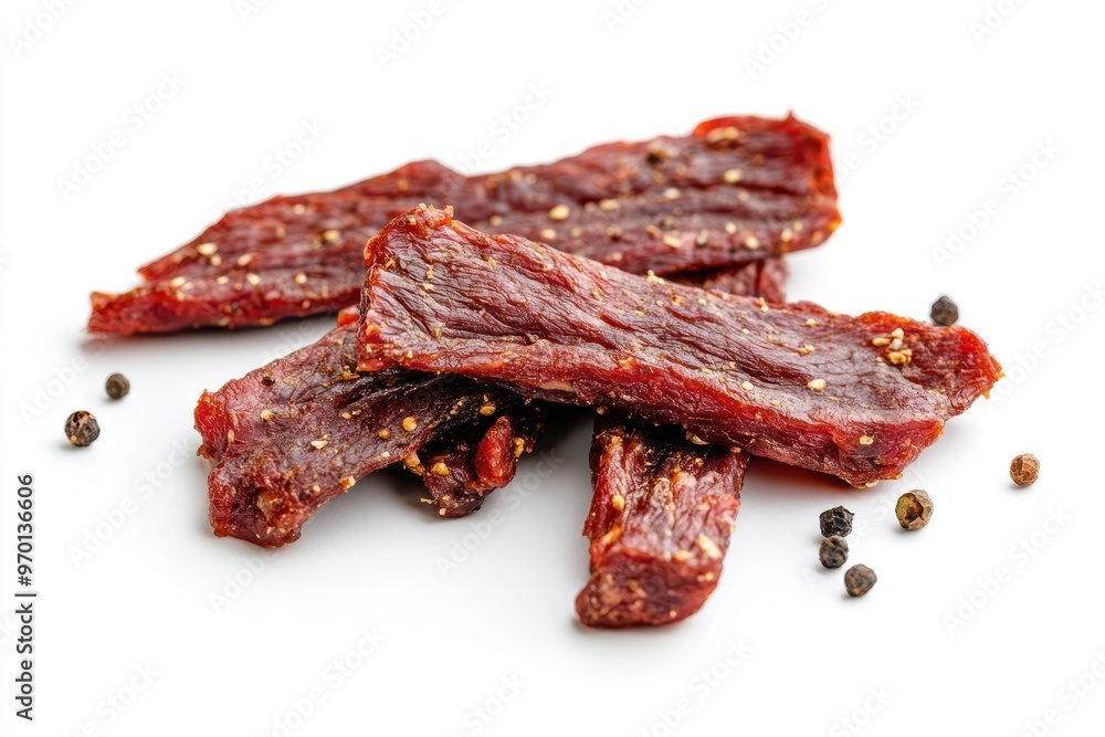 Small beef jerky portion on white background Small beef jerky portion on white background