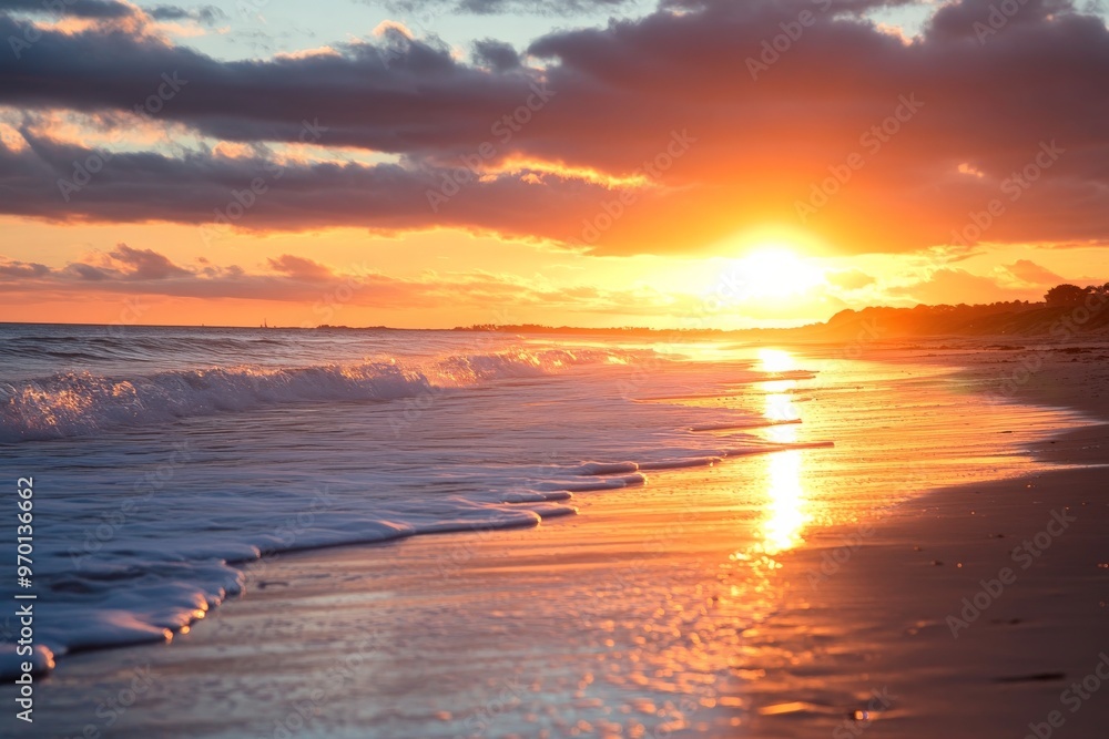 Fototapeta premium This captures a stunning sunset over a beach, with the waves gently crashing on the shore reflecting the golden hues of the setting sun, creating a serene and peaceful scene.