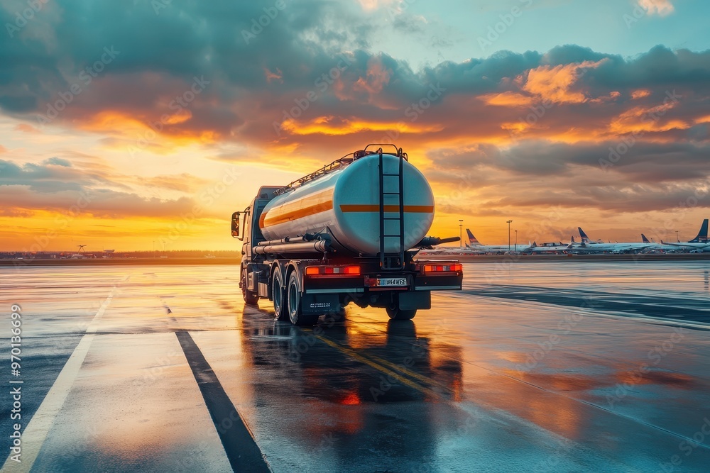 Small modern fuel tanker truck refueling aircraft with gasoline on ...