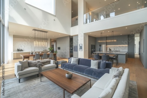 A stunning image of a luxurious open-plan living and dining area  flooded with natural light from floor-to-ceiling windows  featuring high-end furnishings and an elegant aesthetic.