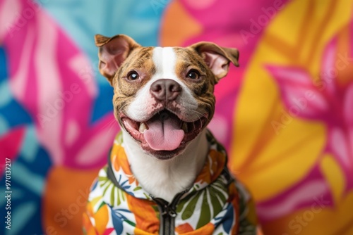 A cheerful dog sitting against a lively backdrop wearing a colorful outfit, showcasing a moment of joy and positivity, ideal for uplifting and vibrant themes.