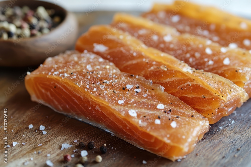 Smoked salmon jerky with salt and pepper Smoked salmon jerky with salt and pepper