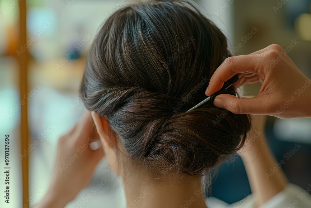 Naklejka premium Close-up shots of a hair stylist crafting an elegant updo for a special occasion, 