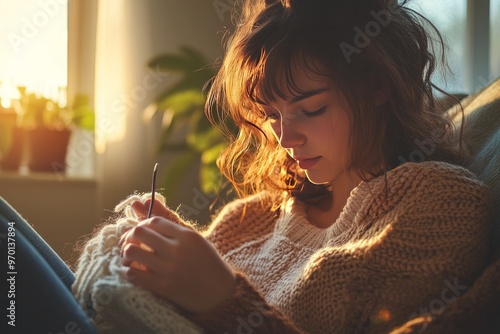 portrait of young woman crocheting 