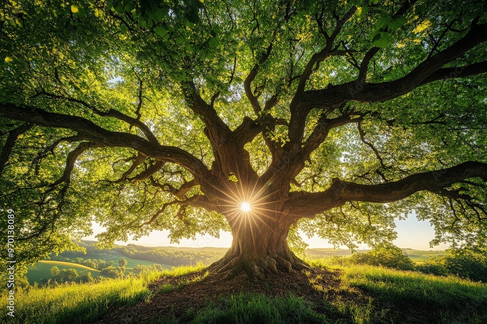 A grand, ancient oak tree with sprawling branches and a radiant sun peeking through its leaves, creating a serene and awe-inspiring natural scene. A grand, ancient oak tree with sprawling branches and a radiant sun peeking through its leaves, creating a serene and awe-inspiring natural scene.
