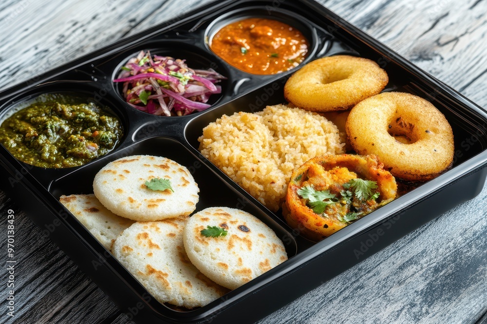 South Indian brunch box includes idli vada uttapam upma with sambar and chutney South Indian brunch box includes idli vada uttapam upma with sambar and chutney