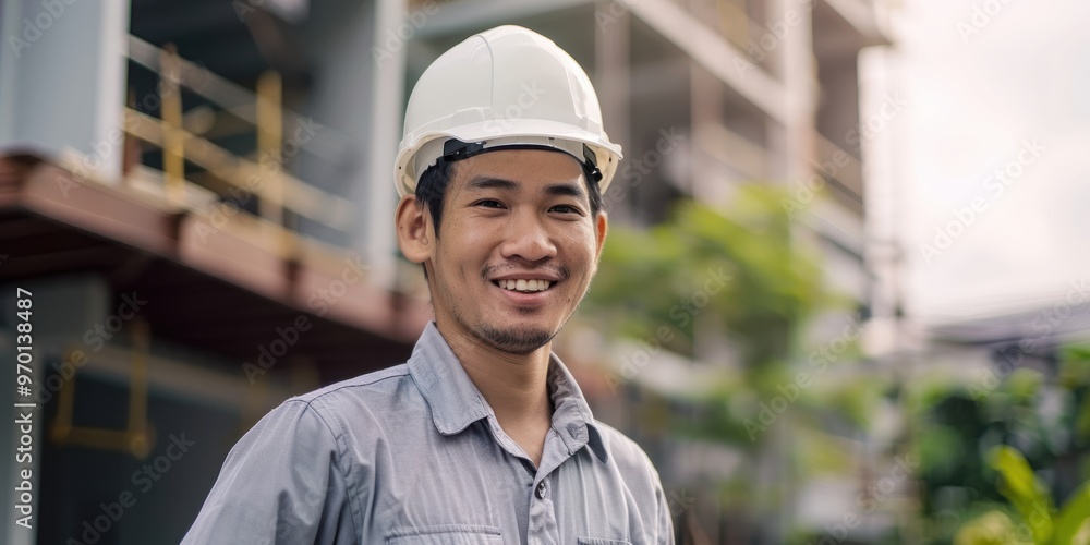 Male architect smiles in a safety helmet while working on a construction project. Happy expression of a contractor or builder in an urban environment Male architect smiles in a safety helmet while working on a construction project. Happy expression of a contractor or builder in an urban environment