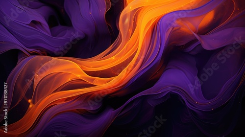 A vibrant abstract composition featuring flowing waves of orange and purple, creating a dynamic visual experience.