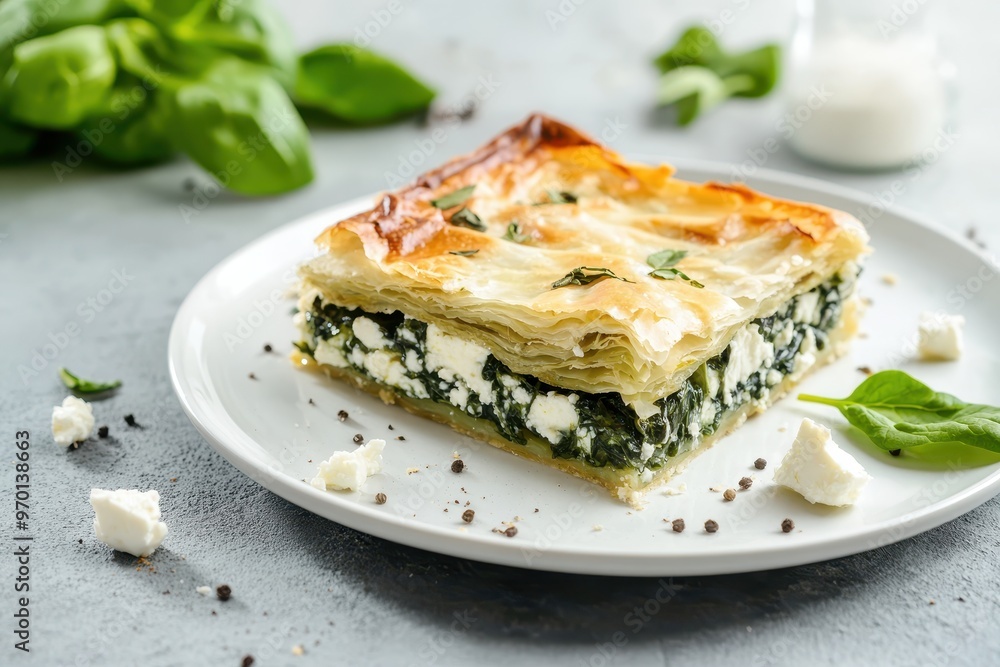Spanakopita with feta and spinach on white plate with gray background Space for text Spanakopita with feta and spinach on white plate with gray background Space for text