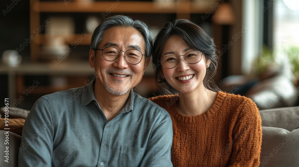 A happy Asian couple smiling and looking at the camera A happy Asian couple smiling and looking at the camera