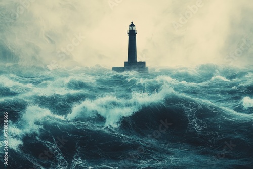 A captivating image showing a lone lighthouse surrounded by ferocious stormy waves and turbulent seas, illustrating solitude and the enduring spirit against adversity.