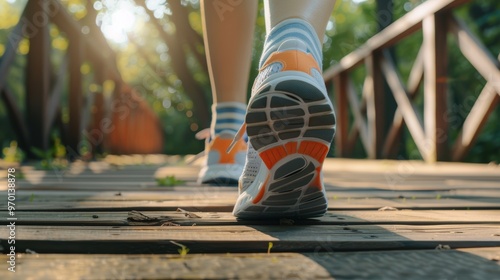 A person wearing running shoes is moving ahead on a well-lit path