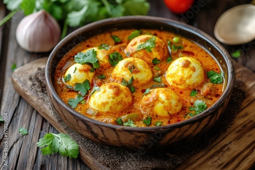 Spiced Indian egg curry with herbs photo