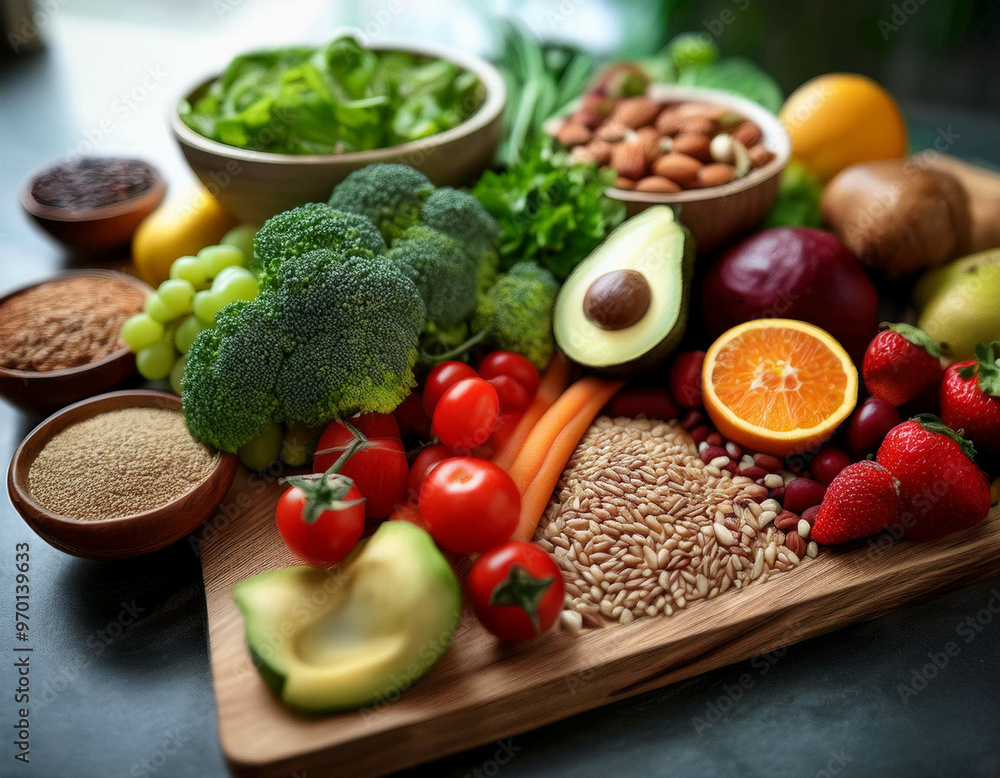 A close-up of healthy meal preparation, with vibrant vegetables, fruits, and grains. The emp A close-up of healthy meal preparation, with vibrant vegetables, fruits, and grains. The emp