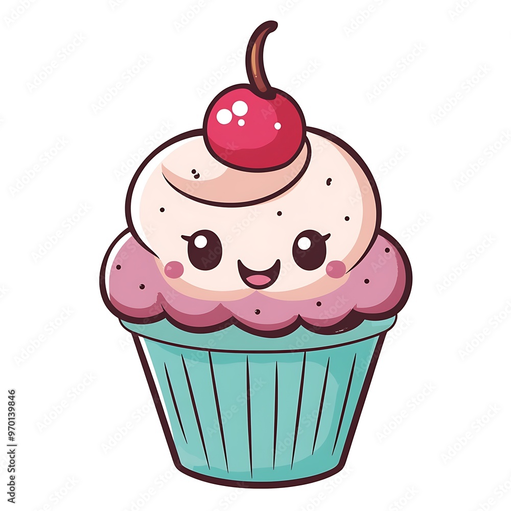 Cute kawaii cupcake with cherry on top, cartoon illustration Cute kawaii cupcake with cherry on top, cartoon illustration