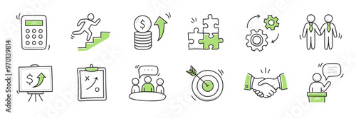 Hand drawn icon sketch business office career set. Doodle hand drawn business office target, finance group work, career teamwork strategy. Target, puzzle, chart element. Vector illustration.