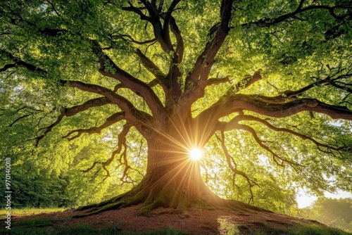 Sunlight streams through the branches of a grand, ancient tree, highlighting the intricate details of its bark and leaves in a serene and calming forest landscape. photo