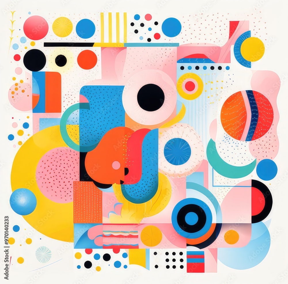 A vibrant abstract composition featuring geometric shapes, bold colors, and playful patterns. A vibrant abstract composition featuring geometric shapes, bold colors, and playful patterns.