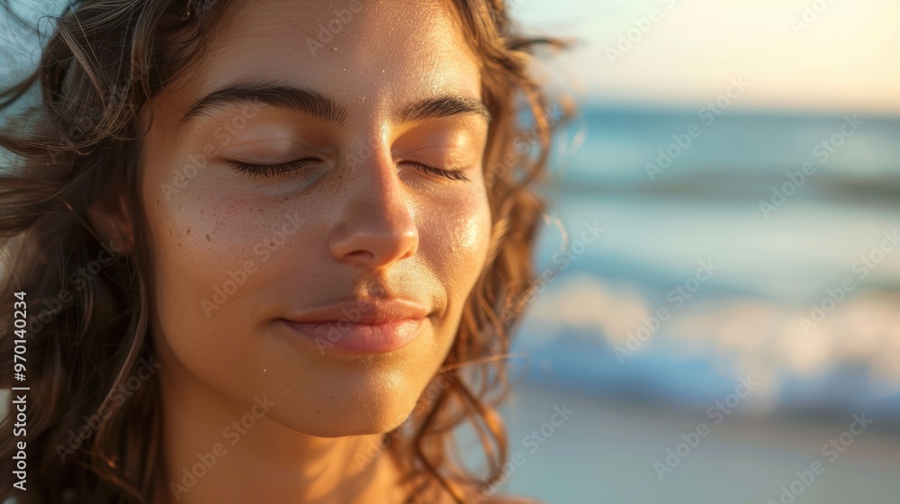 Young woman meditating outdoors, experiencing calm and spiritual freedom by the sea, embracing nature with closed eyes, prayer, and a balanced mindset Young woman meditating outdoors, experiencing calm and spiritual freedom by the sea, embracing nature with closed eyes, prayer, and a balanced mindset