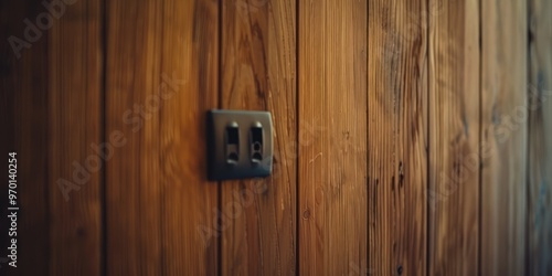 Black plug outlet on the wooden wall Socket and European power in the modern apartment Acoustic flute wood panel photo