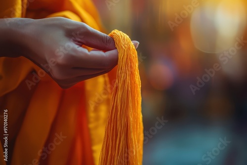 Thai Buddhist monk ordination ceremony background featuring a close up of a monk s hand holding holy thread photo