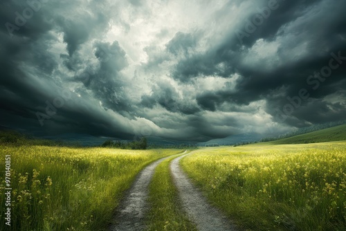 The cloudy path through the field