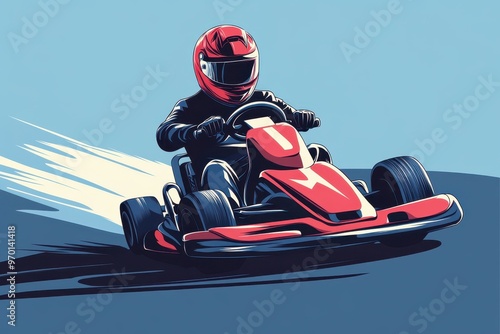 The man wears a helmet while driving a go kart on the track