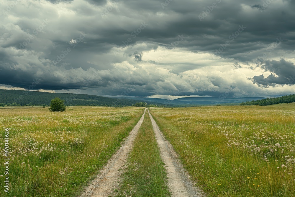 Fototapeta premium The path through the field and the turbulent clouds