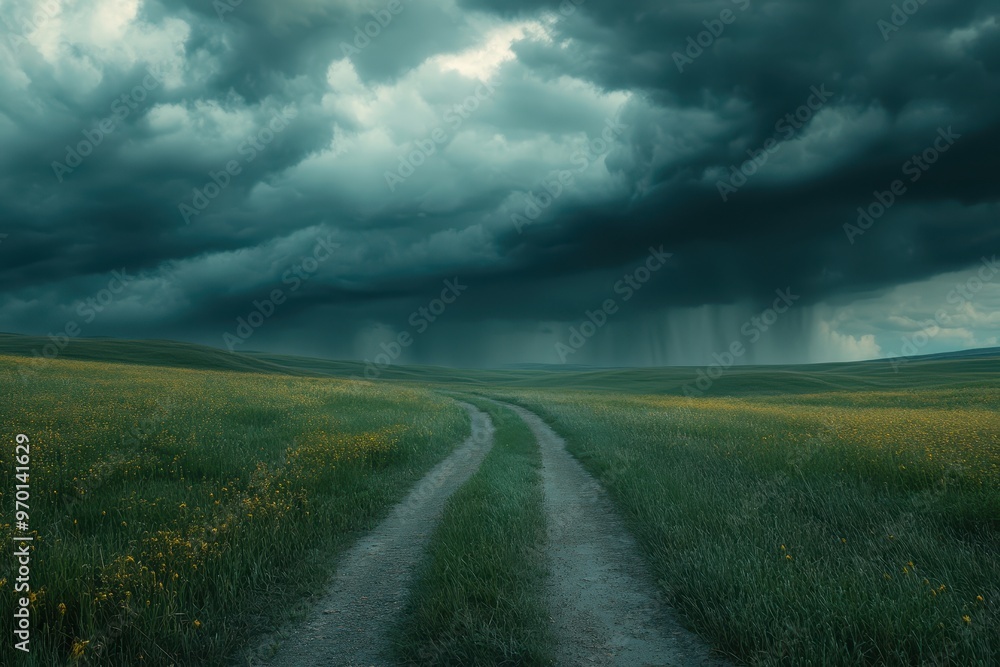 The path through the meadow under turbulent skies The path through the meadow under turbulent skies