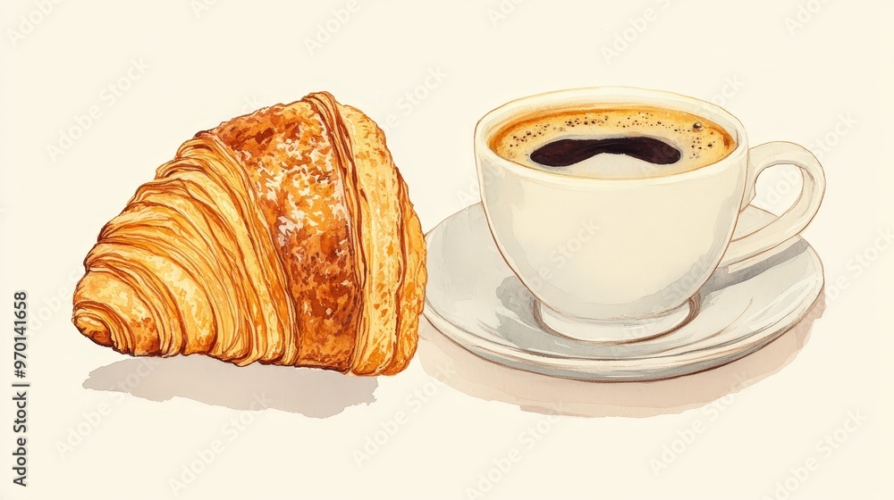 Delicious Golden Croissant and Espresso Pairing in Classic Cup Delicious Golden Croissant and Espresso Pairing in Classic Cup
