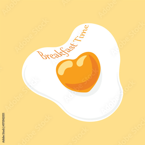 Breakfast time, fried egg with heart shape yolk, food vector illustration.