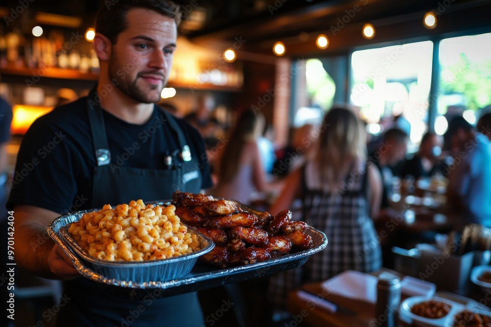 A dedicated waiter is holding a tray full of delicious macaroni and cheese alongside perfectly cooked chicken wings, serving customers in a bustling restaurant environment. A dedicated waiter is holding a tray full of delicious macaroni and cheese alongside perfectly cooked chicken wings, serving customers in a bustling restaurant environment.